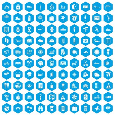 100 turistik gezi simgeleri mavi ayarla