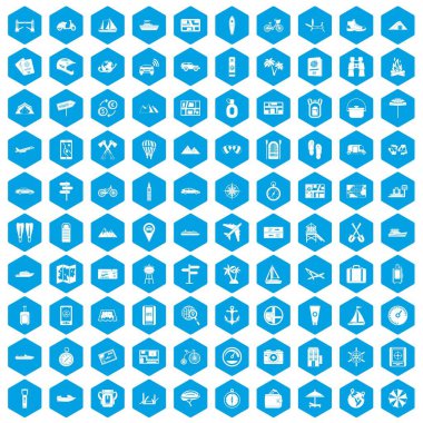 100 simgeleri mavi ayarla seyahat