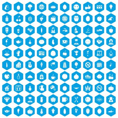 100 Vejetaryen kafe simgeleri mavi ayarla