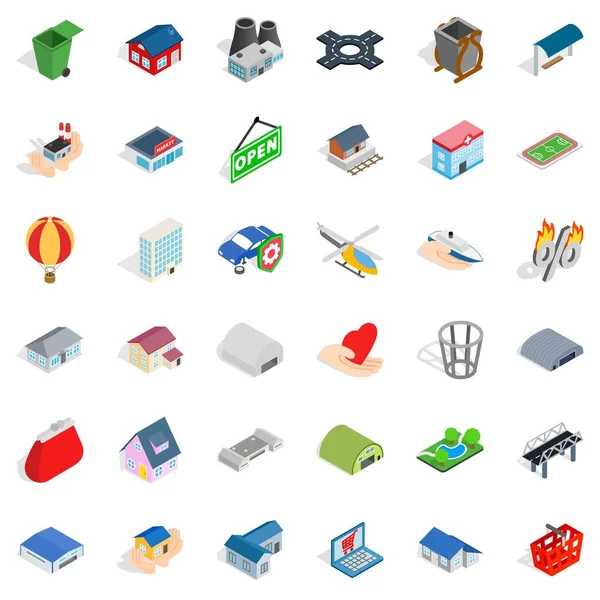 Conjunto de iconos de fábrica de ciudad, estilo isométrico — Vector de stock