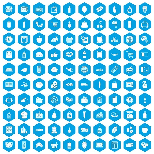 100 iconos de supermercado conjunto azul — Vector de stock