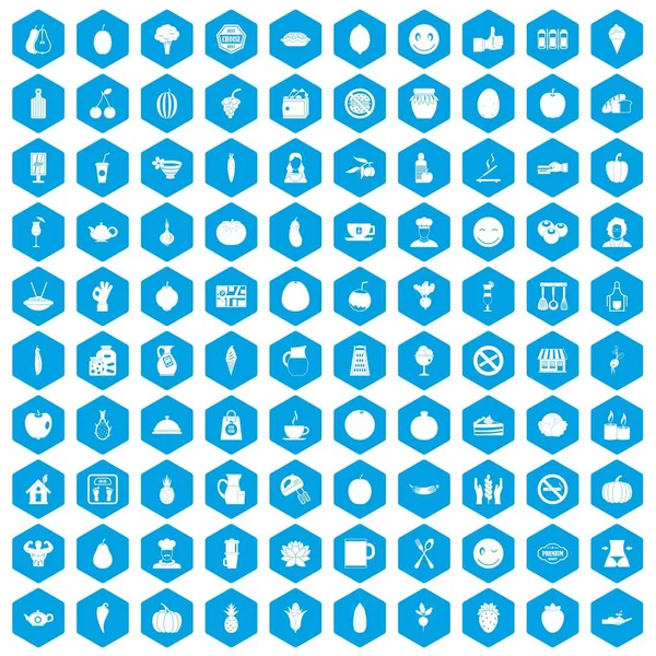 100 Vejetaryen kafe simgeleri mavi ayarla