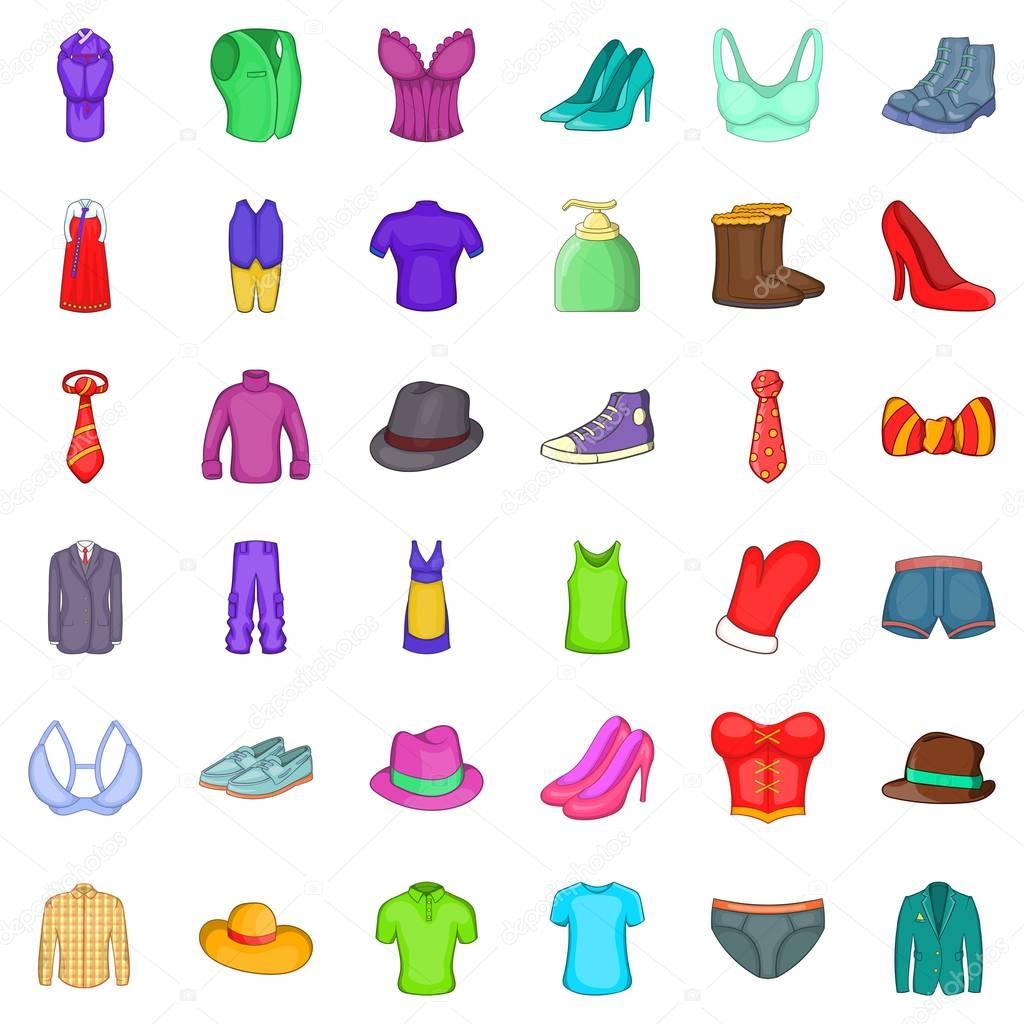 Stylish clothes icons set, cartoon style