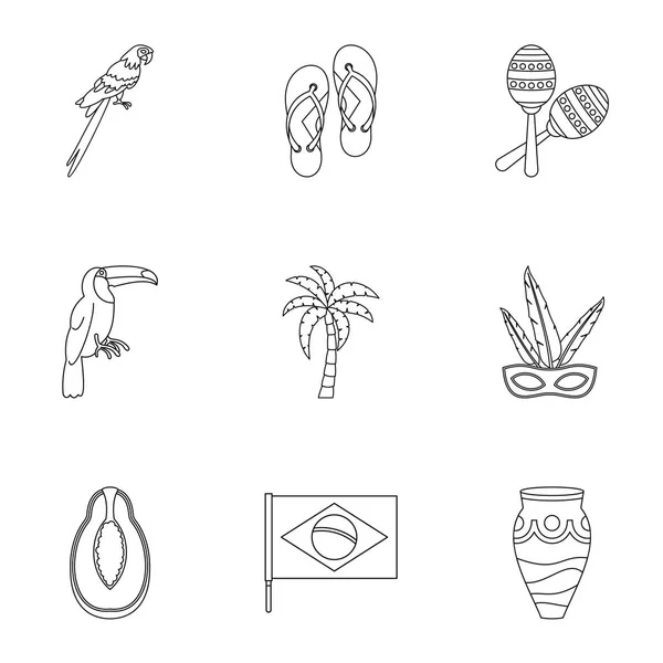 Símbolos de Brasil conjunto de iconos, estilo de contorno — Vector de stock