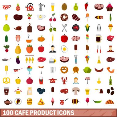100 kafe ürün simgeleri ayarla, stil düz