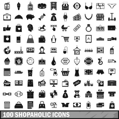 100 Alışverişkoliğin Icons set, basit tarzı