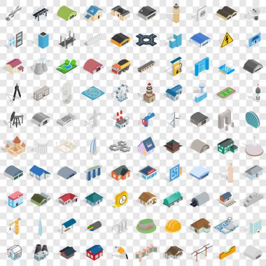 100 Mimarlık Icons set, izometrik 3d stili