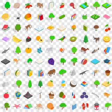 100 Biyoloji Icons set, izometrik 3d stili