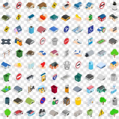 100 şehir Icons set, izometrik 3d stili