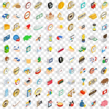 100 sikke Icons set, izometrik 3d stili