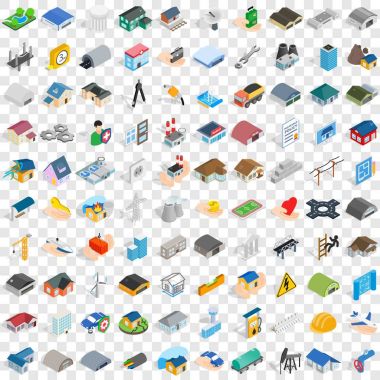 100 inşaat Icons set, izometrik 3d stili
