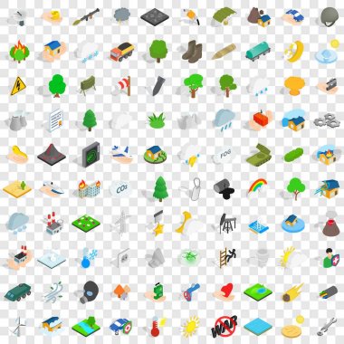 100 Icons set, izometrik 3d stil ateş