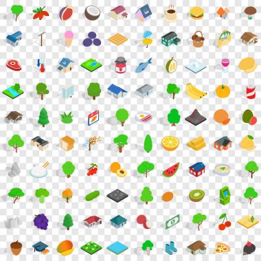 100 Bahçe Icons set, izometrik 3d stili