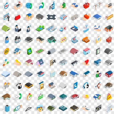 100 hangar Icons set, izometrik 3d stili
