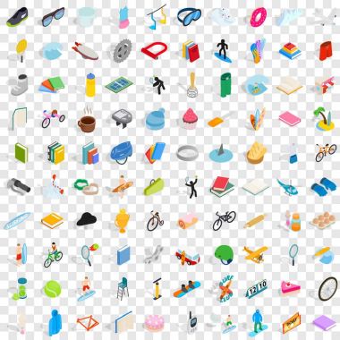 100 hobi Icons set, izometrik 3d stili