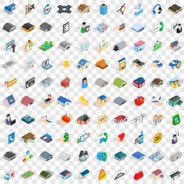 100 house Icons set, izometrik 3d stili