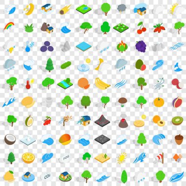 100 canlı doğa Icons set, izometrik 3d stili