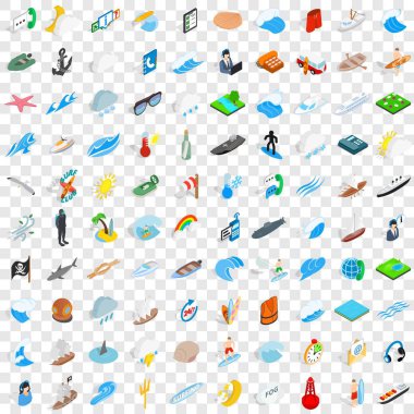 100 deniz Icons set, izometrik 3d stili