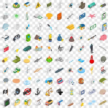 100 acı Icons set, izometrik 3d stili