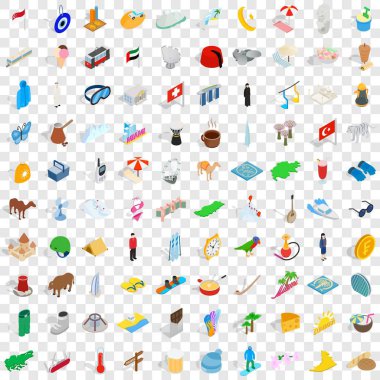 100 Icons set, izometrik 3d tarzı sakin ol.