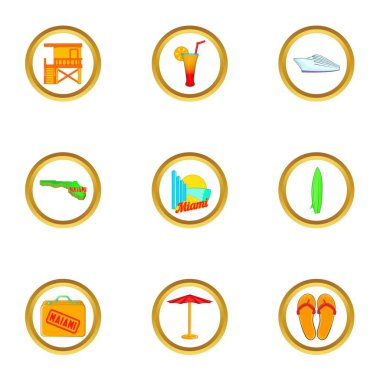 Miami Icons set, karikatür tarzı Beach Tatil