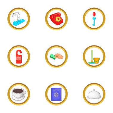 Otel temizlik hizmeti simgelerini ayarla, tarzı çizgi film