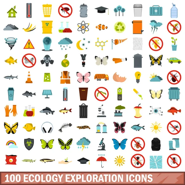 Conjunto de iconos de exploración de 100 ecología, estilo plano — Vector de stock