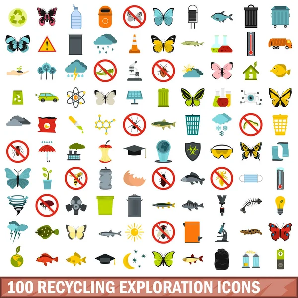 100 iconos de exploración de reciclaje, estilo plano — Vector de stock