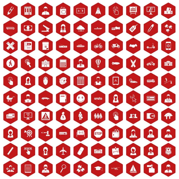 100 initiation icons hexagon red — Stock Vector