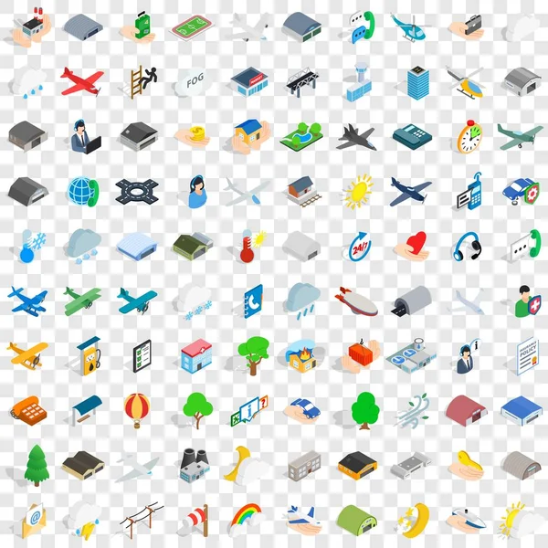 100 Luftfahrt-Icons Set, isometrischer 3D-Stil — Stockvektor