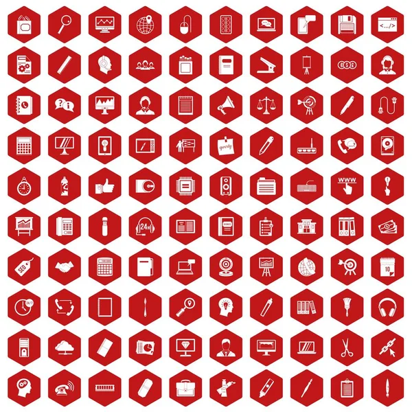 100 icônes de bureau hexagone rouge — Image vectorielle