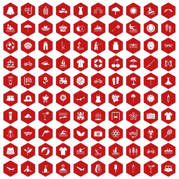 100 το καλοκαίρι εικονίδια κόκκινο εξάγωνο — Διανυσματικό Αρχείο