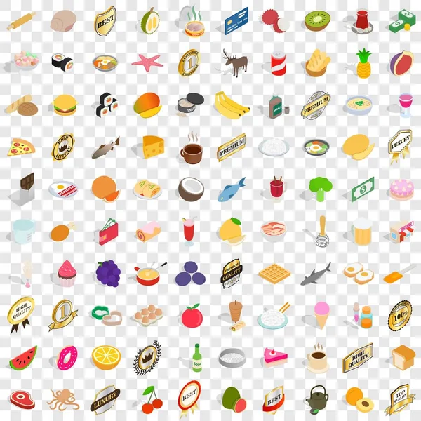 100 conjunto de ícones de almoço, estilo 3D isométrico — Vetor de Stock