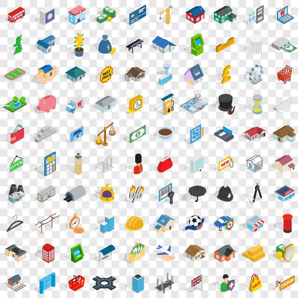 100 metropolis Icons set, izometrik 3d stili — Stok Vektör