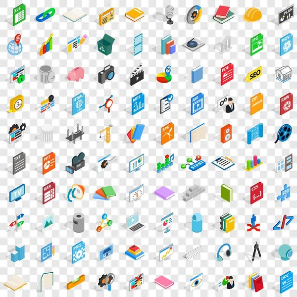 100 Icons für Bürodokumente, isometrischer 3D-Stil — Stockvektor