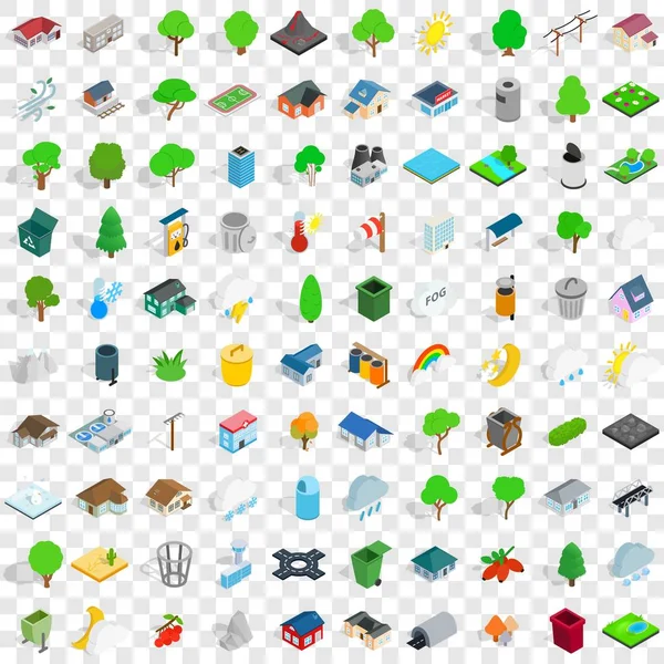 100 park Icons set, izometrik 3d stili — Stok Vektör