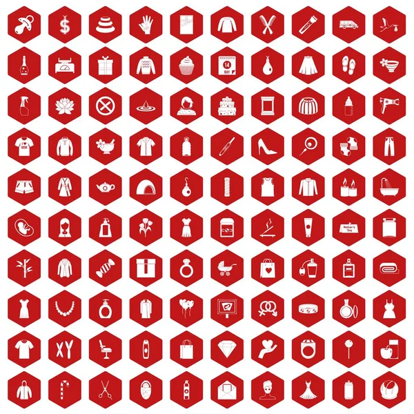 100 woman icons hexagon red — Stock Vector