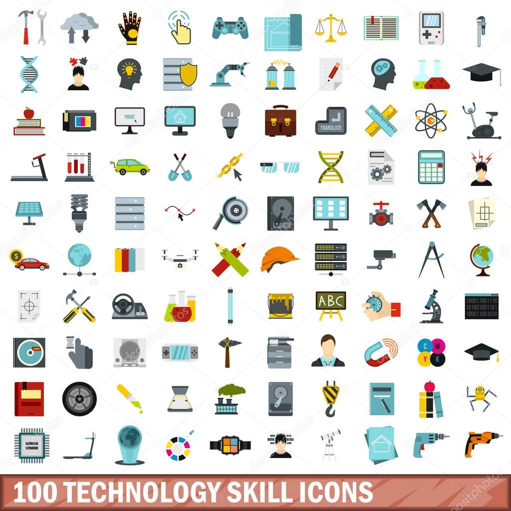 100 technology skill icons set, flat style