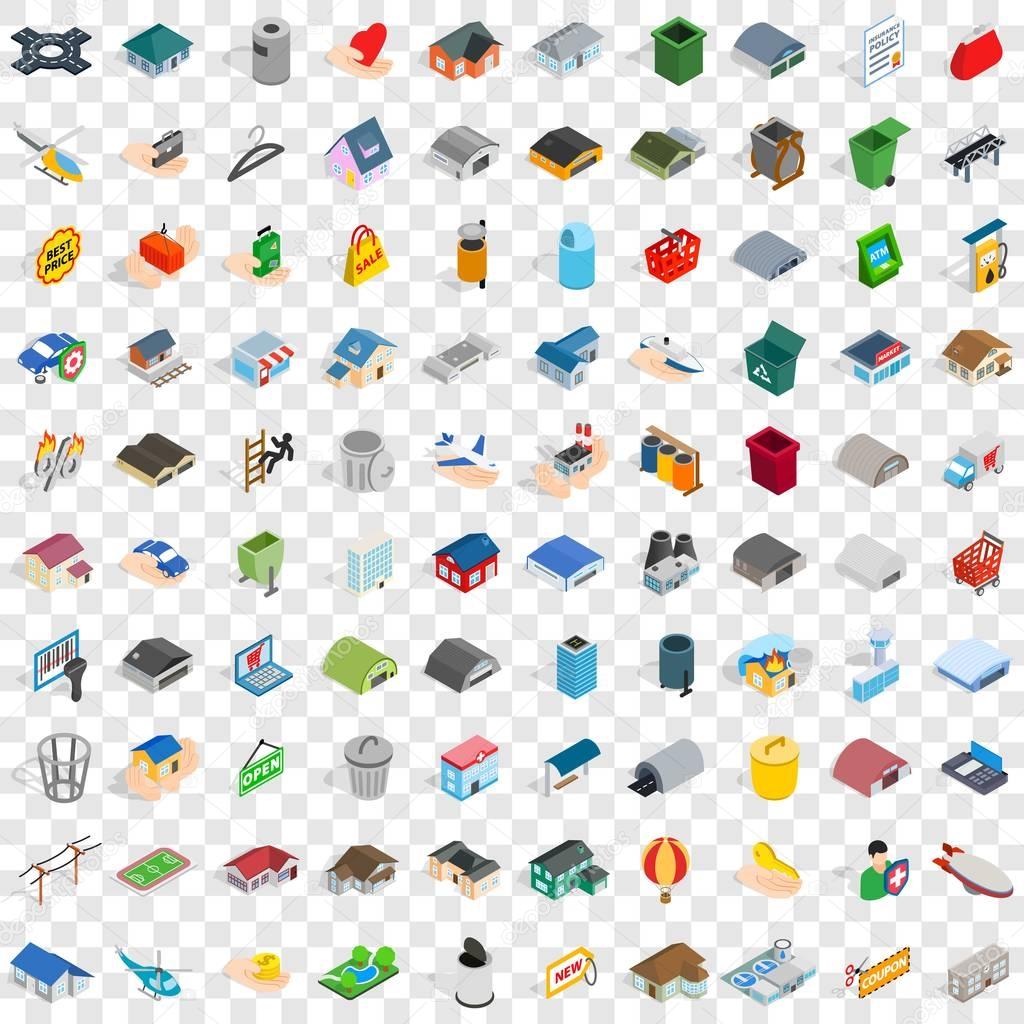 100 city element icons set, isometric 3d style