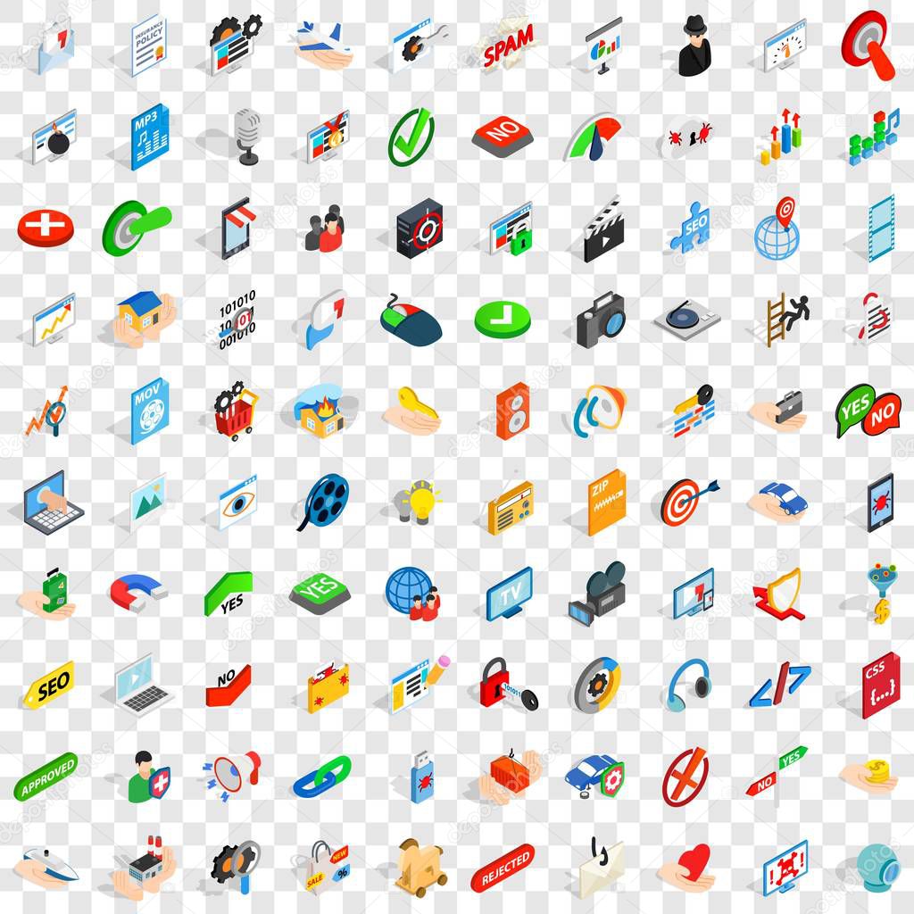 100 cyber icons set, isometric 3d style
