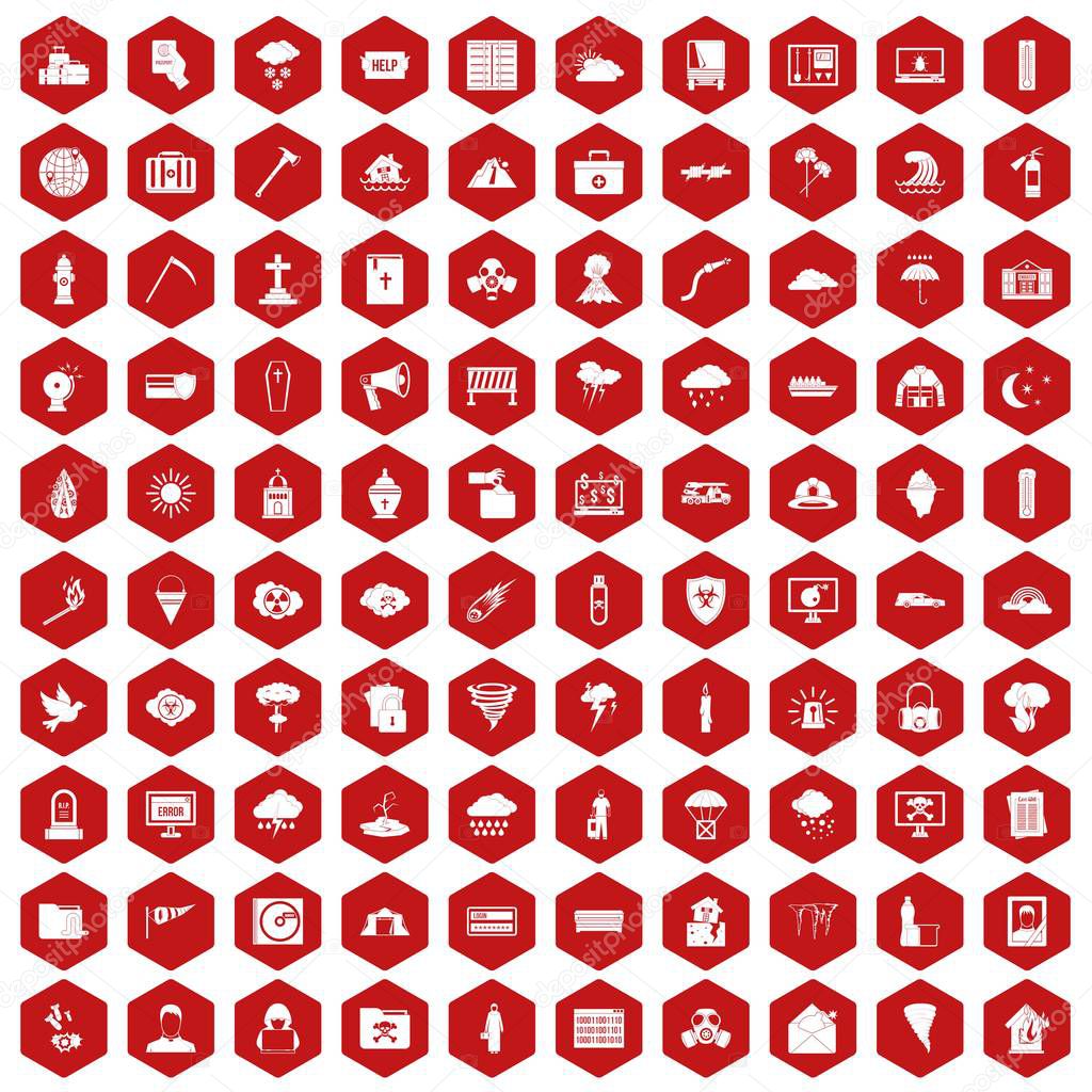 100 natural disasters icons hexagon red