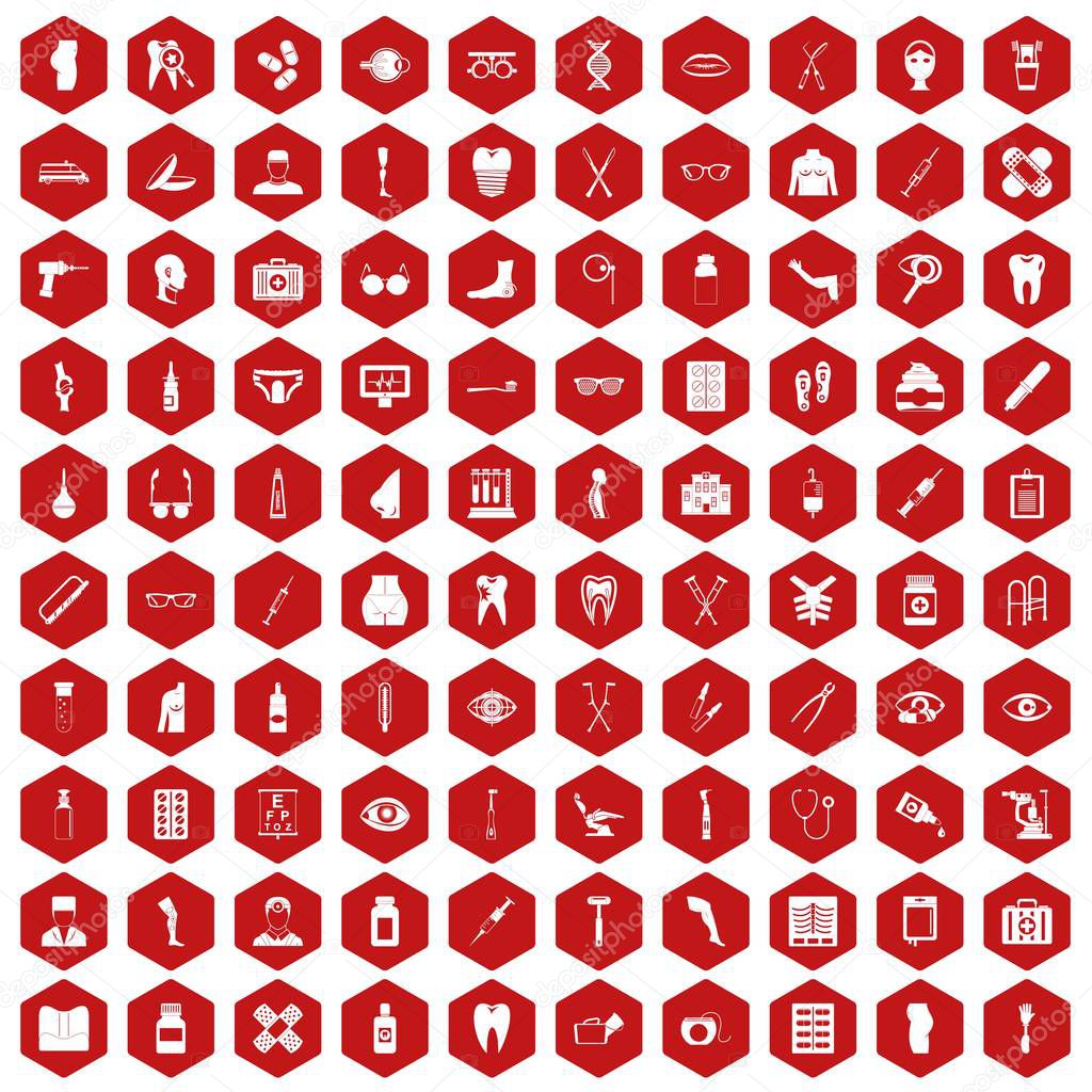 100 pharmacy icons hexagon red