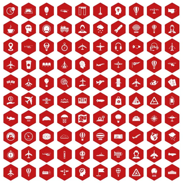 100 icônes aviation hexagone rouge — Image vectorielle