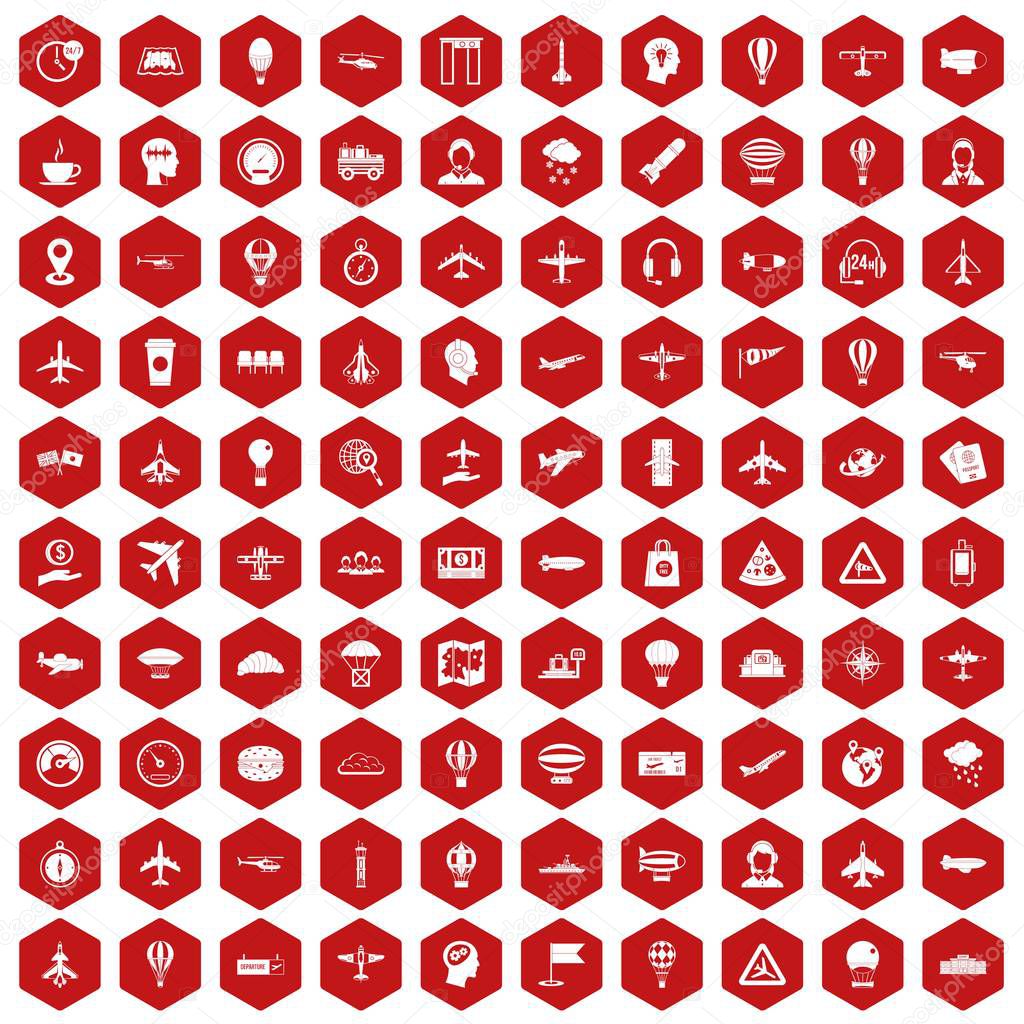 100 aviation icons hexagon red