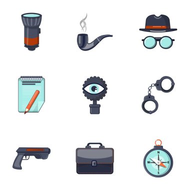 Dedektif ekipman Icons set, karikatür tarzı