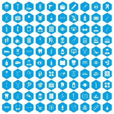 100 tıbbi aksesuarları simgeleri mavi ayarla