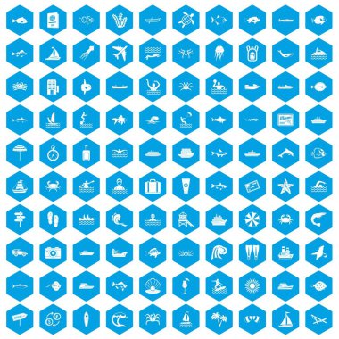 100 okyanus simgeleri mavi ayarla