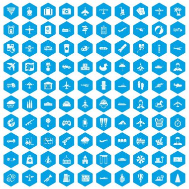 100 uçak simgeleri mavi ayarla