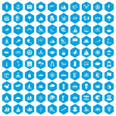 100 gemi simgeler yelken mavi ayarla