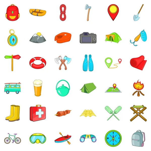 Icons set, karikatür tarzı yürüyüş kamp